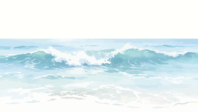 Soft Watercolor Illustration of Gentle Breaking Ocean Wave, Calm Sunlit Coastal Seascape with Pale Blue Tones, Foamy White Surf and Bright Airy Sky
