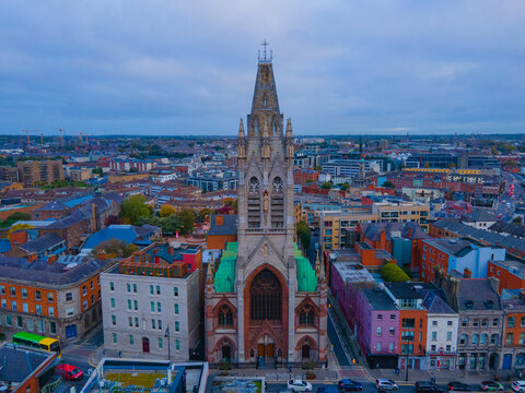 John's Lane Church (Church of St Augustine and St John) aerial view at 94 Thomas Street in Usher's Quay, old city of Dublin, Ireland.  