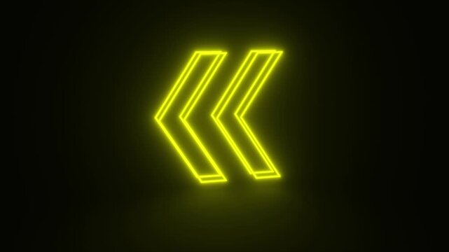 Yellow Rewinding Sign Glowing and Rotating on Black Background