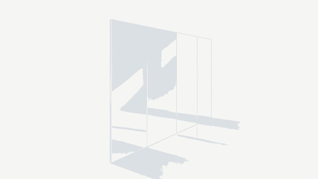 Minimalist clean 3D render of multi-panel thin clear transparent glass partition on glossy reflective white surface with soft subtle shadows