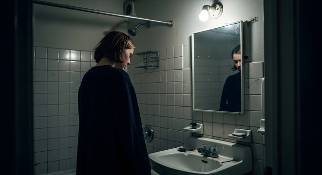 Depressed Young Woman Looking Away in Reflection of Dimly Lit Bathroom Mirror
