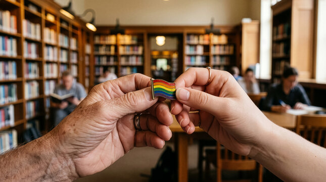 Hands Holding Pride Flag in Academic Library Interior Signifying LGBTQ+ Support and Acceptance