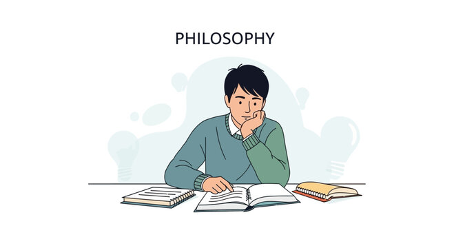 Young man studying philosophy books, deep in thought at a desk
