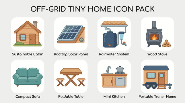 Sustainable living and off-grid tiny home pixel art icons