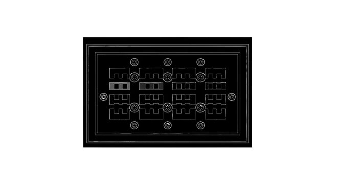 Minimal black silhouette icon, simple flat vector, bold black shape, no, no shading technical schematic drawing of a rectangular connector patch panel plate on a, flat icon style