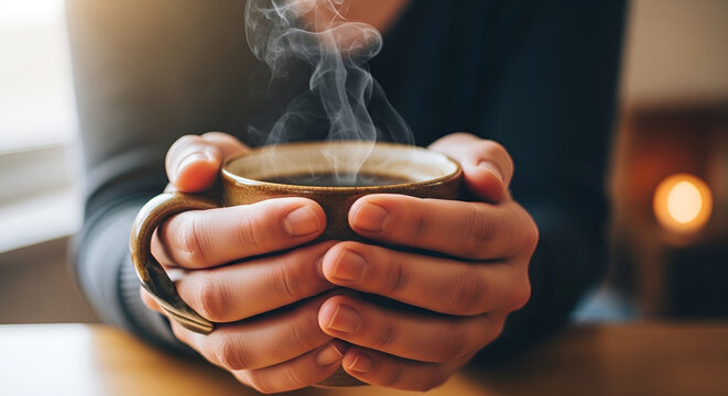 Warm hands holding a steaming hot coffee or tea mug for comfort and relaxation