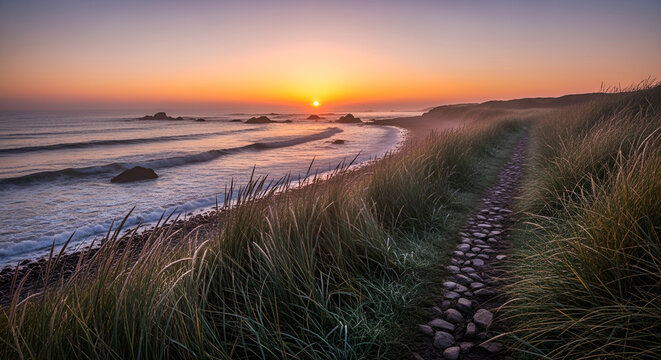 Golden sunset over a rugged coastline with a stone path and tall grass