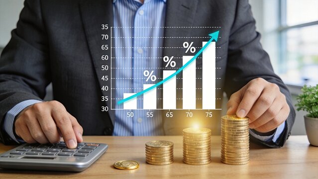 Businessman stacking gold coins next to calculator with rising bar graph overlay, representing wealth accumulation, savings growth, compound interest, retirement fund planning and