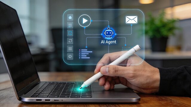 Person using stylus on laptop touchpad interacting with virtual AI agent interface, showing automation, artificial intelligence, chatbot, machine learning, digital assistant, and