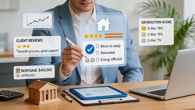 Real estate agent analyzing mortgage approval and client satisfaction scores with digital overlays, showing property investment, home buying process, financial planning, and