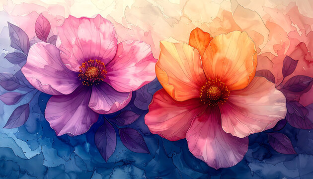 Two watercolor flowers, one pink purple and one peach orange, with leaves in a soft, painterly style, shimmering texture