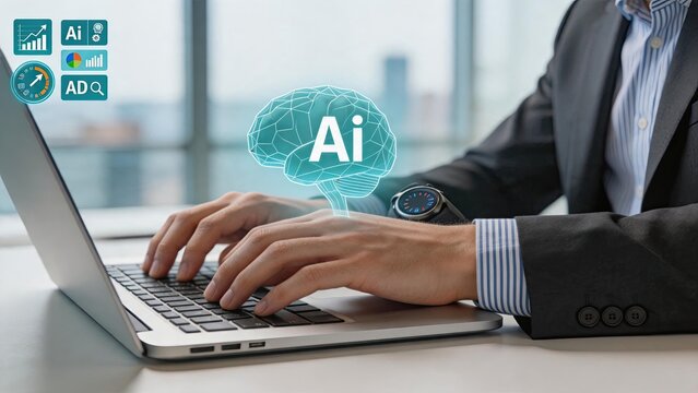 Artificial intelligence brain icon hovering over laptop keyboard, AI technology concept, machine learning, neural network, digital innovation, future tech solution
