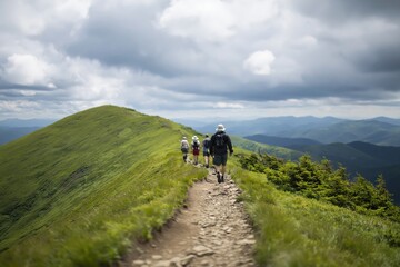 Obraz premium Group of hikers walking on mountain ridge trail