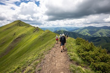 Obraz premium Group of hikers walking a trail on green mountain ridge