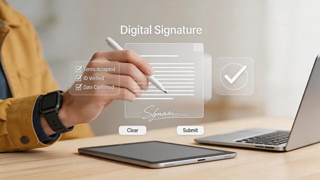 Person signing digital document on tablet with stylus, electronic signature verification process, terms accepted ID verified date confirmed, secure online contract authentication