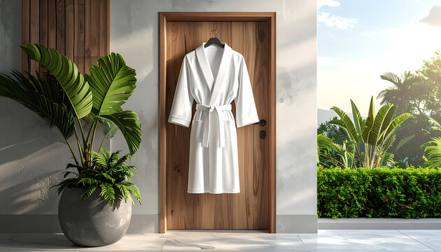 White terry cloth bathrobe hanging on a rustic wooden door, beside a large potted plant, with lush green foliage visible outdoors, evoking relaxation and spa ambiance