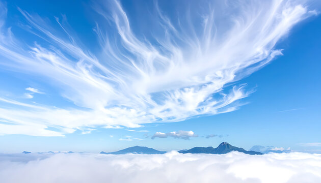 Wispy white cirrus clouds form intricate patterns in a vibrant blue sky above a sea of fluffy white clouds, with distant mountains barely visible.