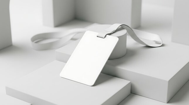 Blank event badge mockup with lanyard on geometric platform for corporate branding and conference identity display