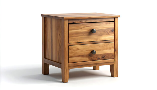 Wooden nightstand with two drawers and dark knobs, rustic furniture design, natural wood texture, isolated on white