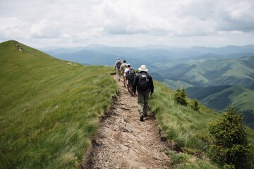 Fototapeta premium Group hiking a mountain ridge trail