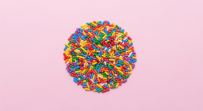 A circular pile of vibrant rainbow sprinkles on a soft pink background.