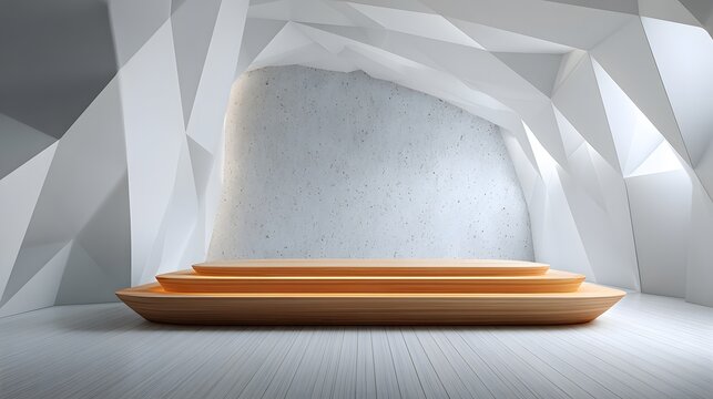 Modern wooden display platform situated in a bright, abstract white geometric environment.