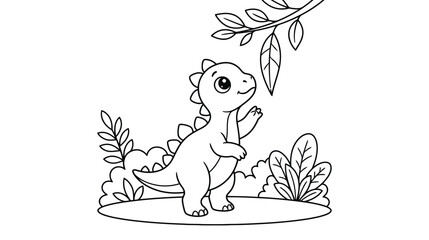 Cute Baby Dinosaur Reaching for Leaves in Jungle Coloring Page for Kids Black and White Line Art © Taufik-DeGra