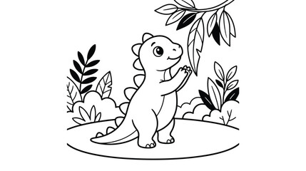 Little Dinosaur in the Jungle Coloring Book Page Outline for Children Black and White Illustration © Taufik-DeGra