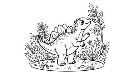 Cute Stegosaurus Dinosaur Coloring Page for Kids, Prehistoric Jungle Scene Outline Illustration © Taufik-DeGra