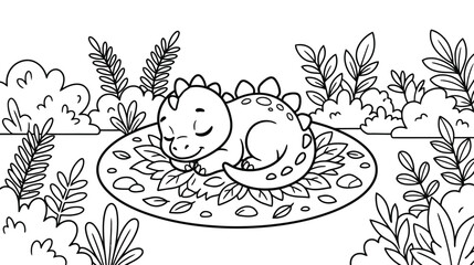 Cute Baby Stegosaurus Sleeping in the Forest Coloring Page for Kids, Prehistoric Line Art Vector © Taufik-DeGra