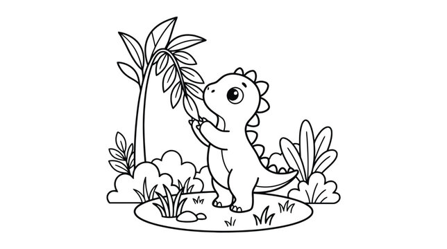 Cute Baby Dinosaur Reaching for Leaves in a Jungle Coloring Page for Kids, Minimalist Line Art