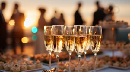 Obraz premium Champagne glasses and appetizers at sunset party, bokeh lights, blurred guests