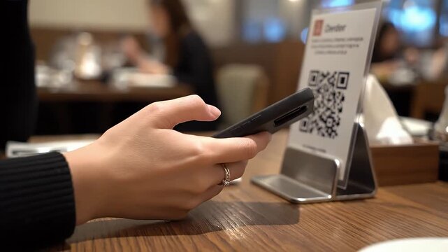 Close Up of Person Scanning QR Code for Contactless Menu or Payment in Modern Restaurant with Smartphone, Website Banner, Hero Header, Wide Background