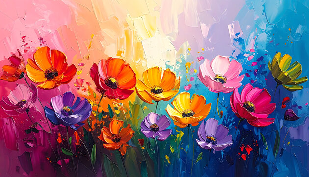 Vibrant impressionist painting of colorful poppy flowers in bloom, painterly texture, celebratory spring garden, vivid colors