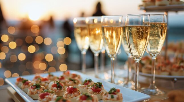 Outdoor evening party with champagne, appetizers, bokeh lights, and sunset