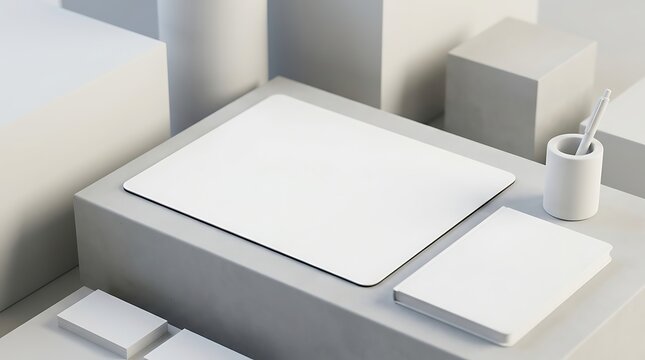 Blank stationery mouse pad mockup with notebook and pen on geometric podiums for branding display template