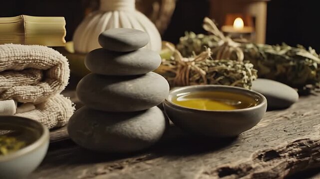 Holistic Wellness Spa Treatment Still Life with Herbal Infusions, Basalt Stones, and Towels for Website Banner Hero Header Wide Background with Copy Space