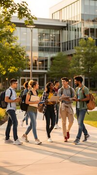 Diverse Group of Students Walking and Chatting on College Campus Pathway.