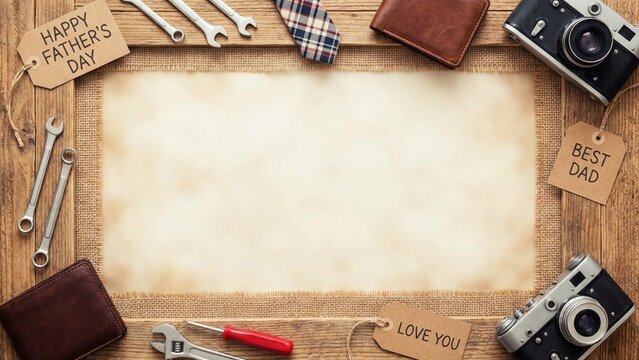 Happy Father's Day Background with Vintage Tools, Cameras, Wallet, and Tie on Wooden Table with Copy Space
