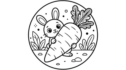 Naklejka premium Cute Bunny Holding a Giant Carrot Coloring Page for Kids, Simple Rabbit Line Art Illustration