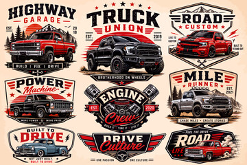 Obraz premium A collection of vintage and modern truck-themed graphic emblems featuring various pickup trucks, off-road vehicles, and classic cars with automotive slogans and distressed textures.