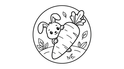 Fototapeta premium Cute Cartoon Bunny Rabbit Holding a Large Carrot Coloring Page for Kids Black and White Outline