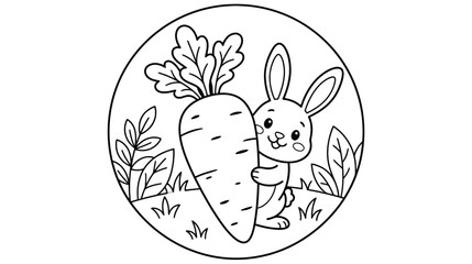 Naklejka premium Cute Cartoon Bunny Holding a Giant Carrot Coloring Page for Kids, Spring Garden Line Art Vector