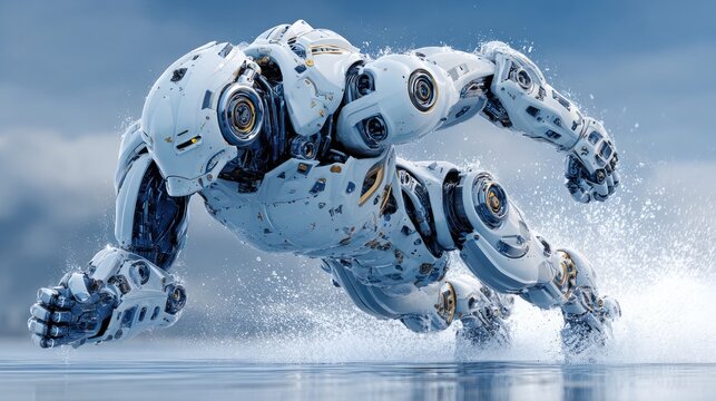 Advanced humanoid robot sprinting through water splashes with dynamic motion and futuristic design