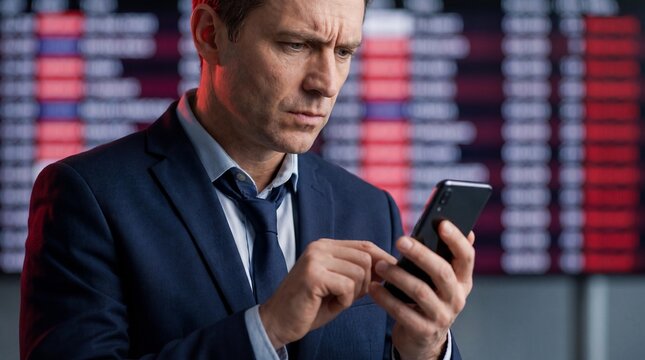Stressed businessman using smartphone with blurred red delayed flight information board in modern airport terminal