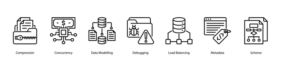 Data Architecture web banner icon vector illustration featuring Compression, Concurrency, Data Modelling, Debugging, Load Balancing, Metadata, and Schema. © Dewi Sari