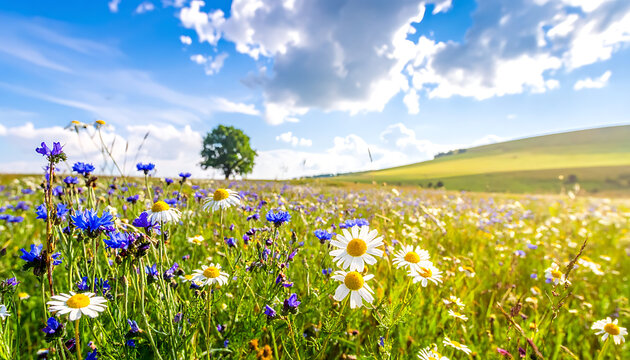 Wildflower meadow blooming with daisies and cornflowers under a sunny blue sky with fluffy clouds, rolling green hills in the distance