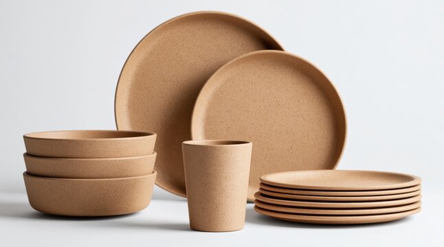 Minimalist ceramic tableware set with plates, bowls, and cup, studio shot