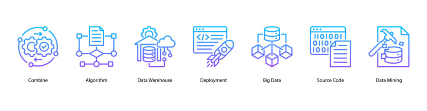 Data Systems web banner icon vector illustration featuring Combine, Algorithm, Data Warehouse, Deployment, Big Data, Source Code, and Data Mining.