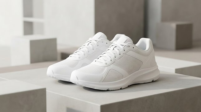 Pair of white running shoes on geometric platforms featuring breathable mesh texture for sports marketing and active lifestyle